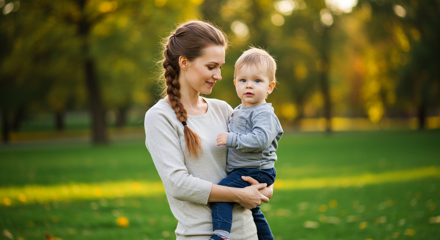 Мать с сыном гуляет в парке, держась за руки среди осенних листьев