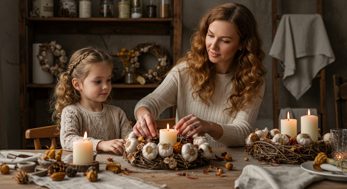 Мать украшает осенний стол чесночным венком с дочерью