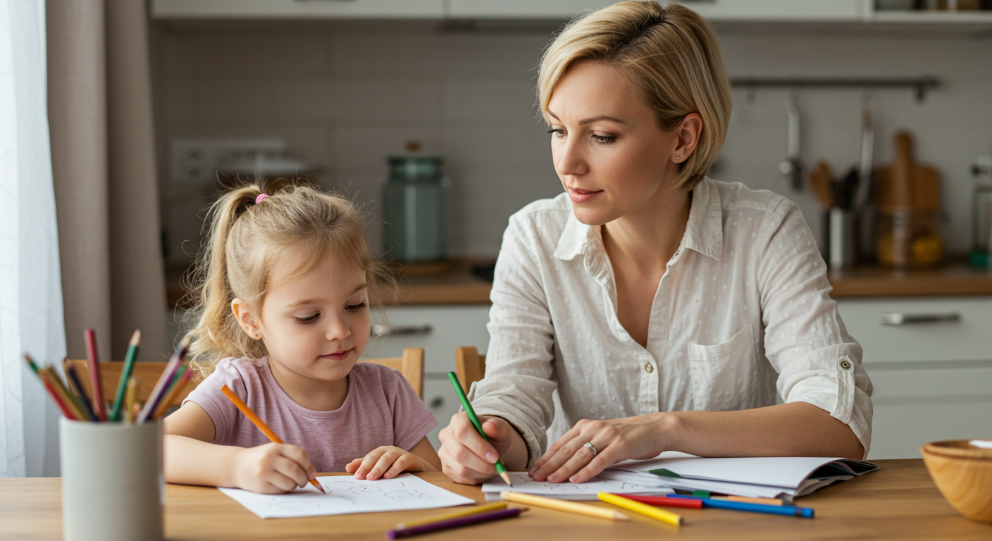 Мать наблюдает, как дочь рисует за столом на кухне