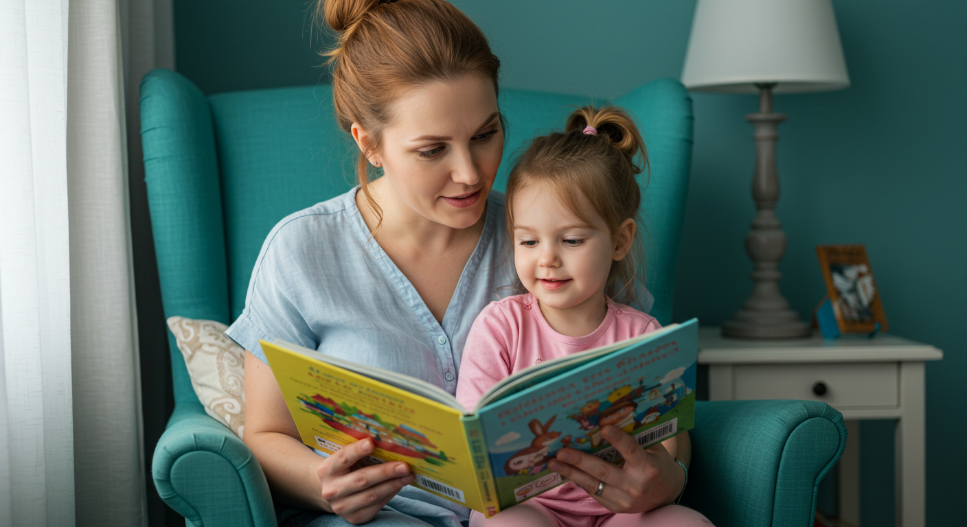 Молодая мама читает дочке в уголке с бирюзовыми акцентами и мягким светом