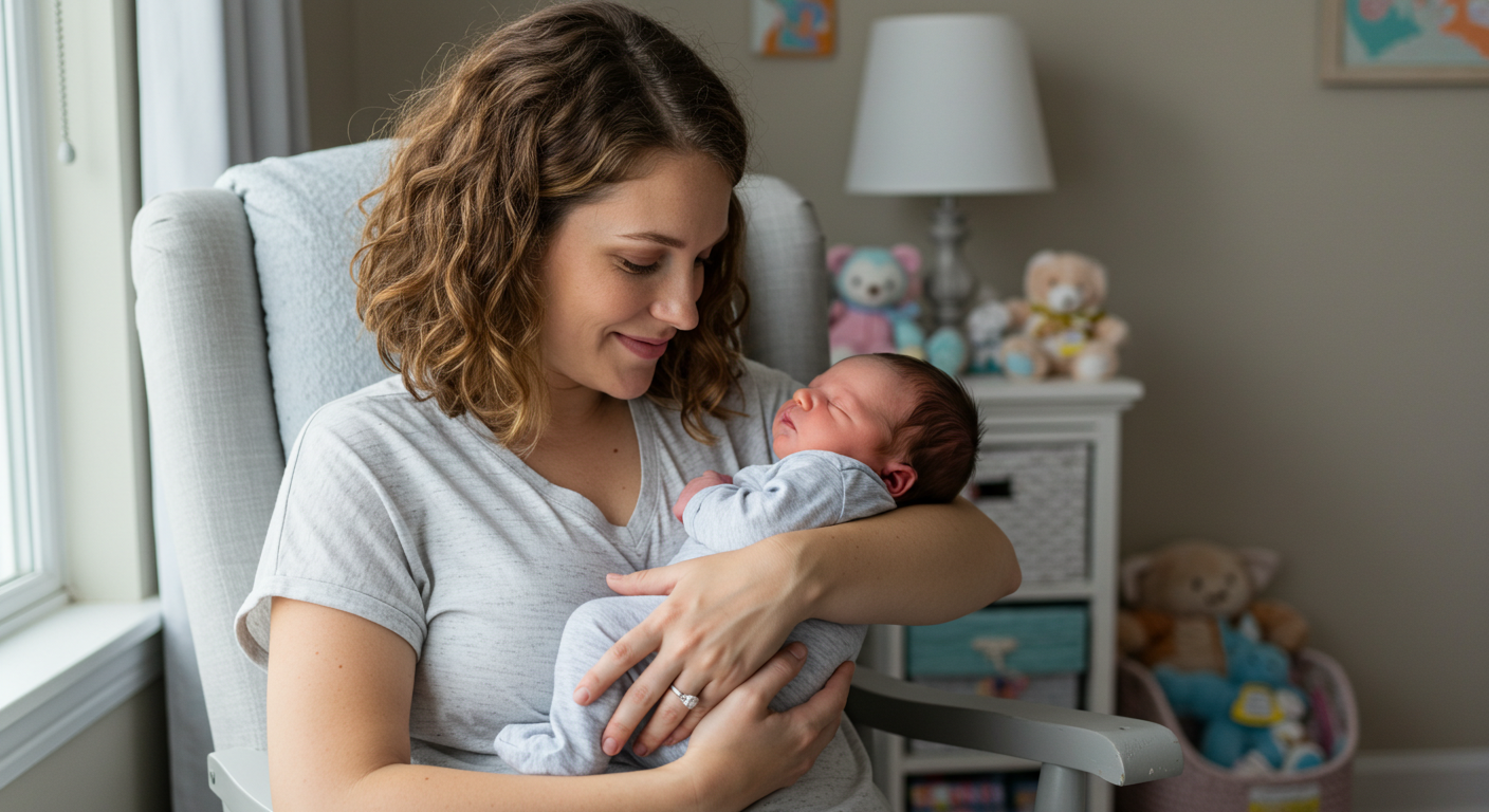 Молодая мама держит новорожденного сына на руках в кресле у окна