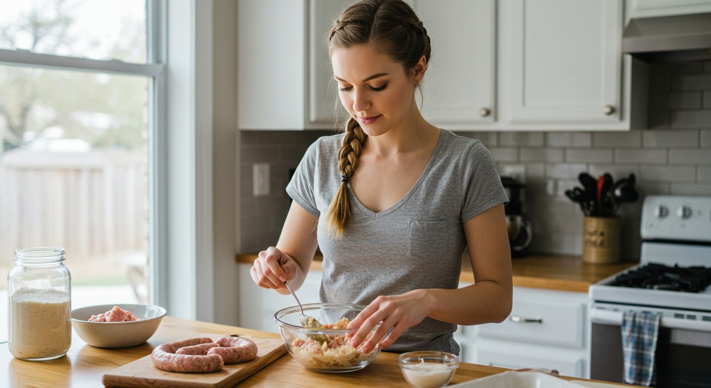 Молодая мама готовит домашние индюшиные колбаски, сын наблюдает из высокого стульчика