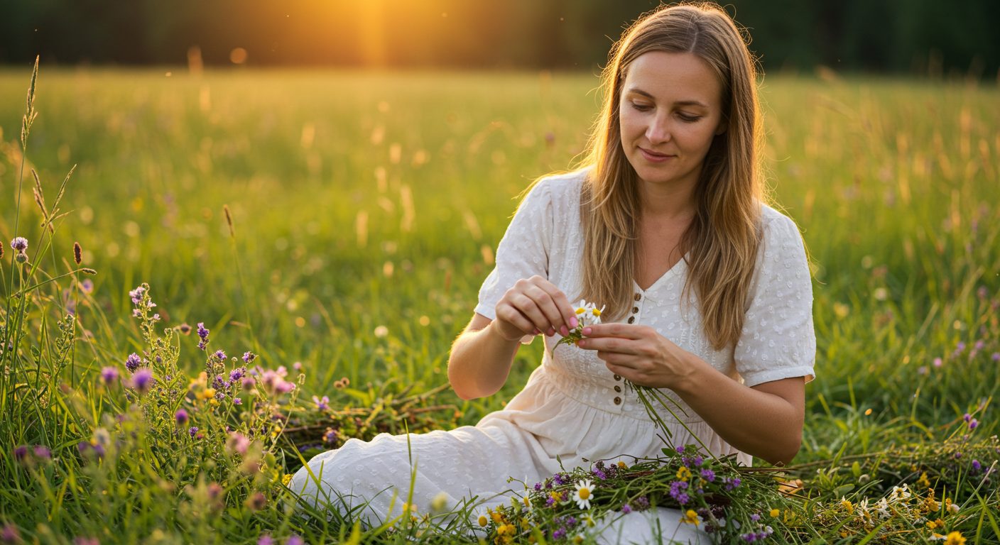 Молодая мама и дочь плетут цветочные венки из полевых цветов на лужайке