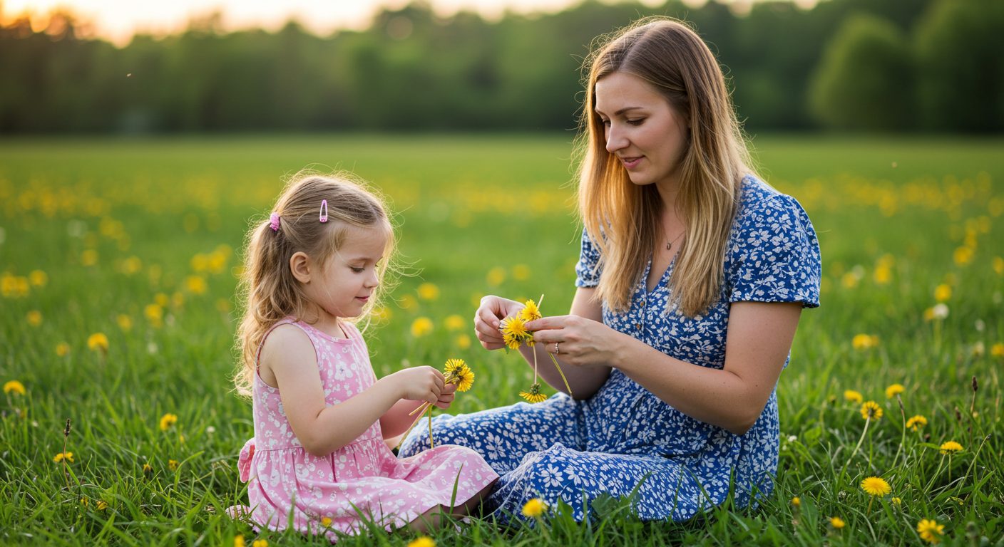 Молодая мама и дочь плетут венок из одуванчиков на траве