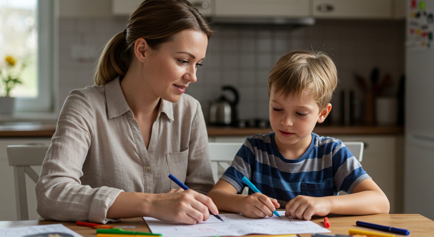 Молодая мама и сын обсуждают школьный проект на кухне с утренним светом