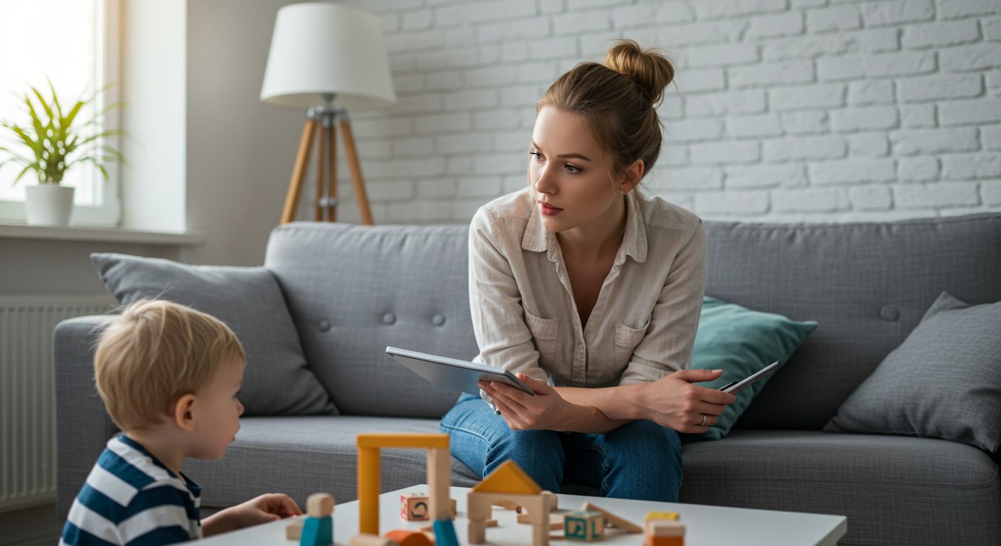 Молодая мама изучает белую кирпичную стену в уютной гостиной с диваном