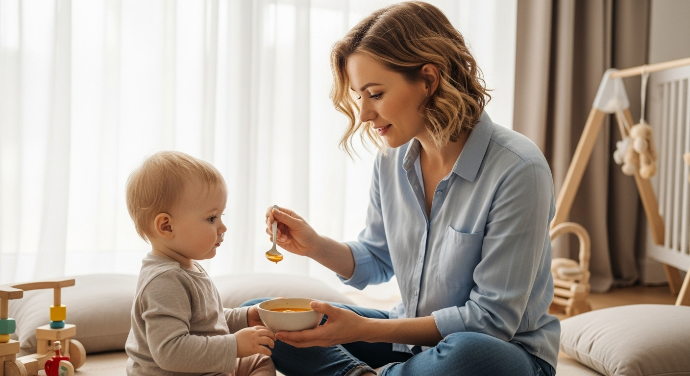 Молодая мама кормит дочку морковным супом на игровом коврике в светлой комнате