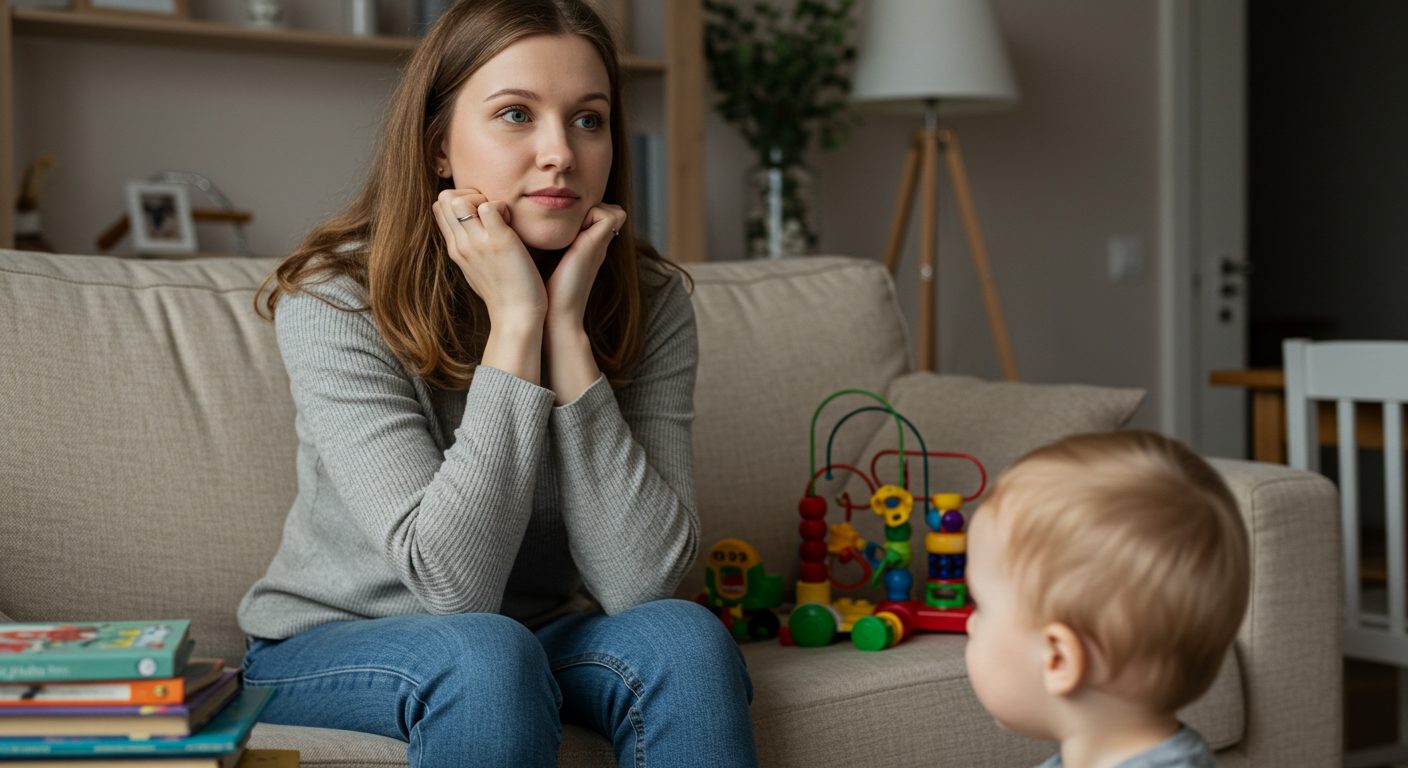 Молодая мама наблюдает за сыном, играющим на ковре в уютной комнате