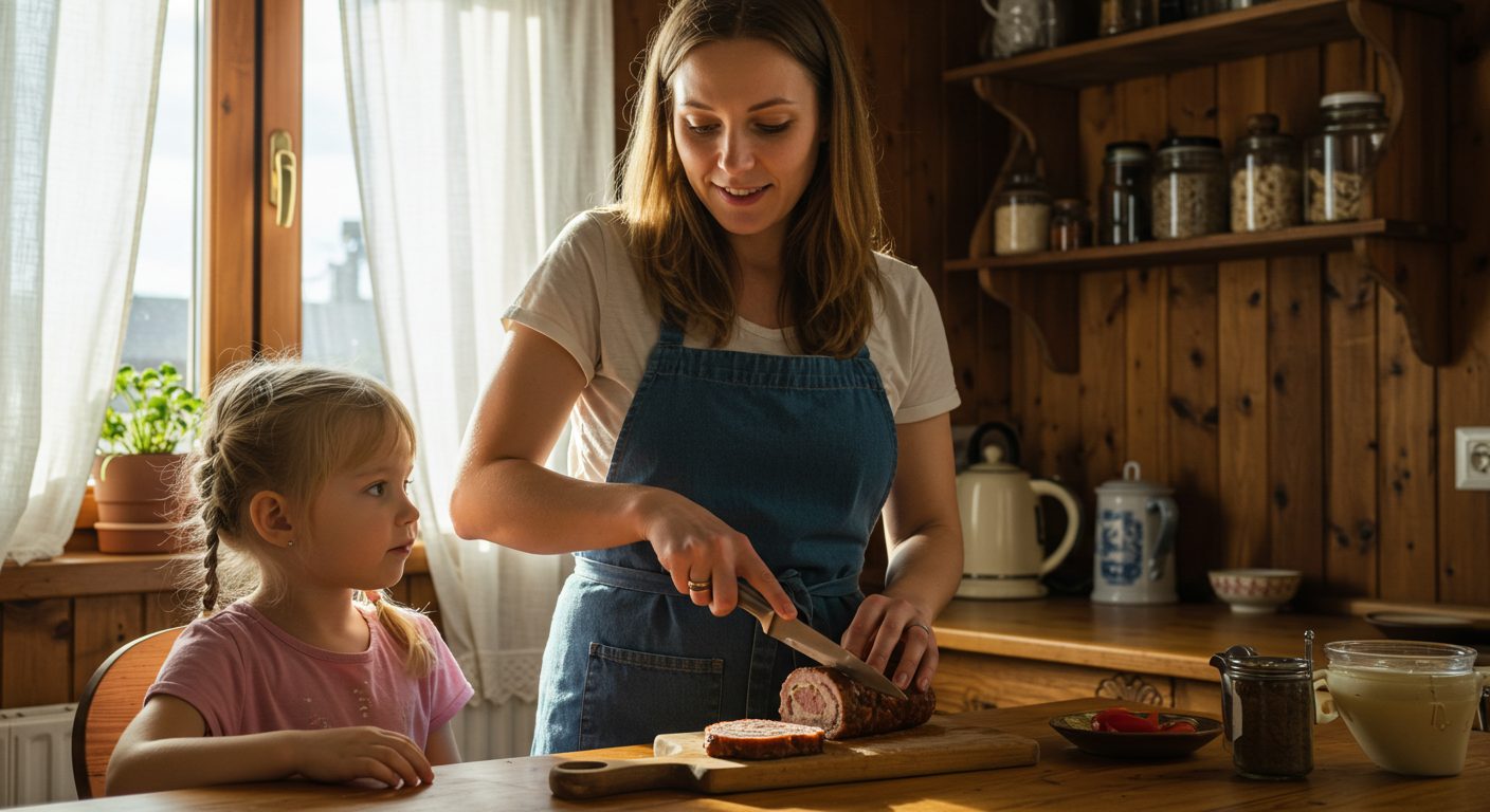 Молодая мама нарезает домашний рулет из сала в уютной кухне с дочерью рядом