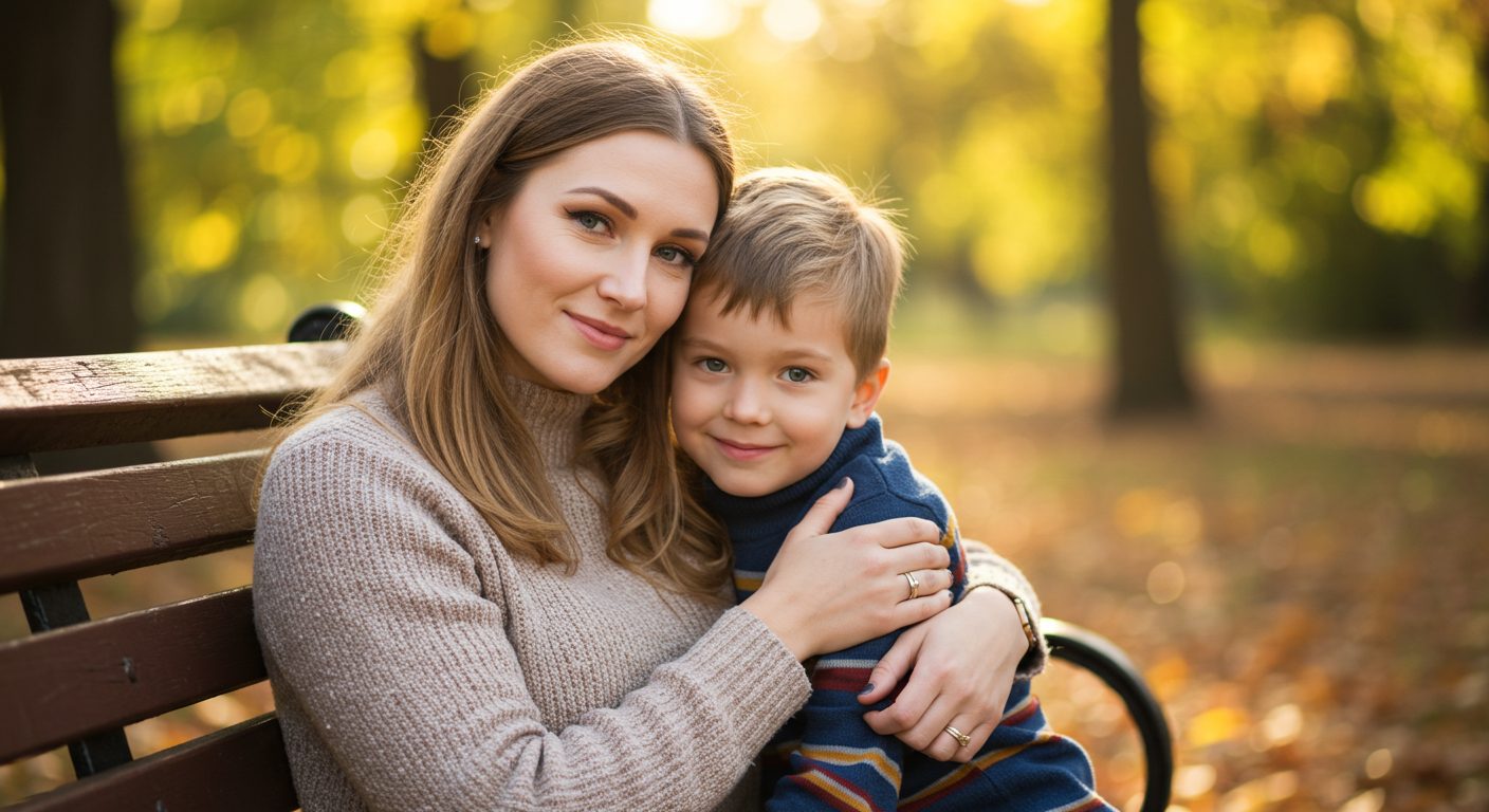 Молодая мама обнимает сына на скамейке в парке среди осенних листьев