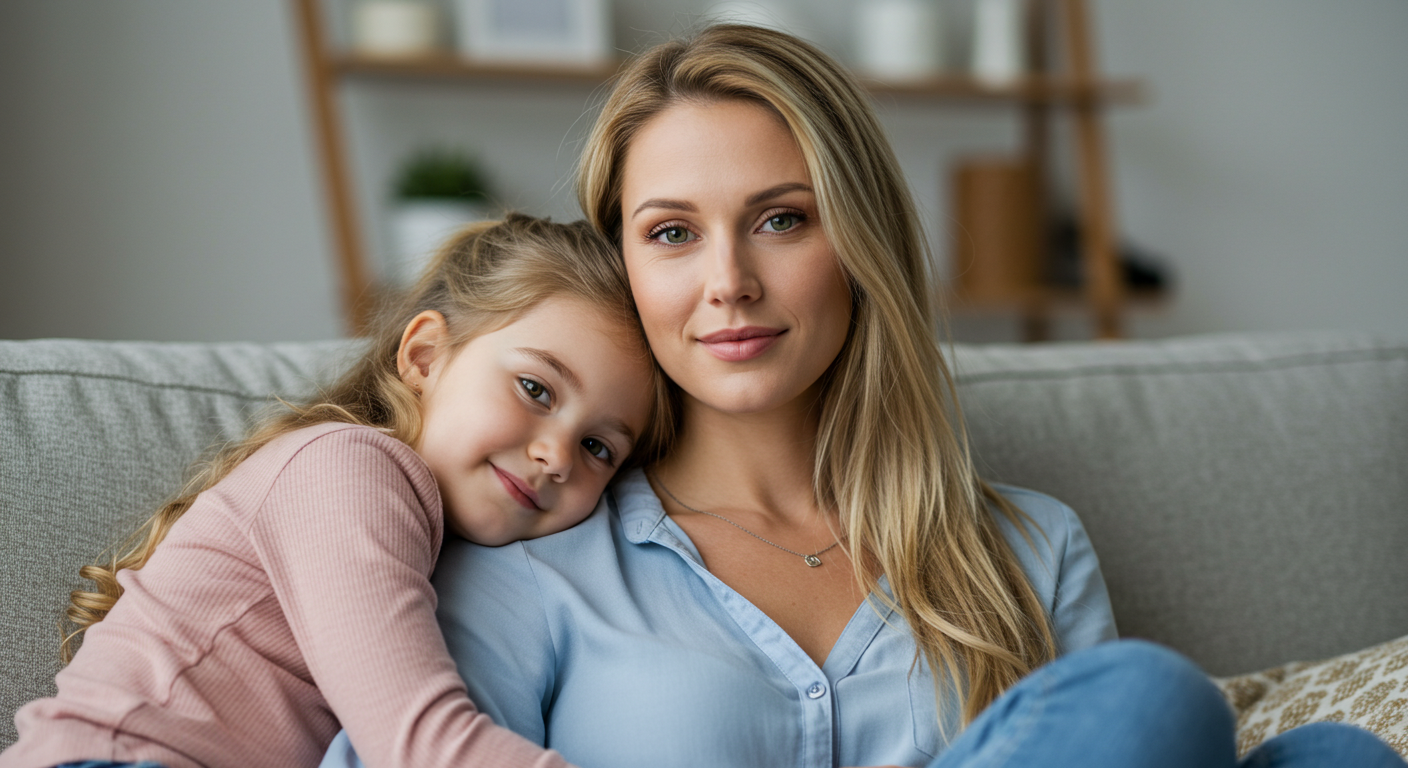Молодая мама обнимает пятилетнюю дочку на диване в уютной комнате
