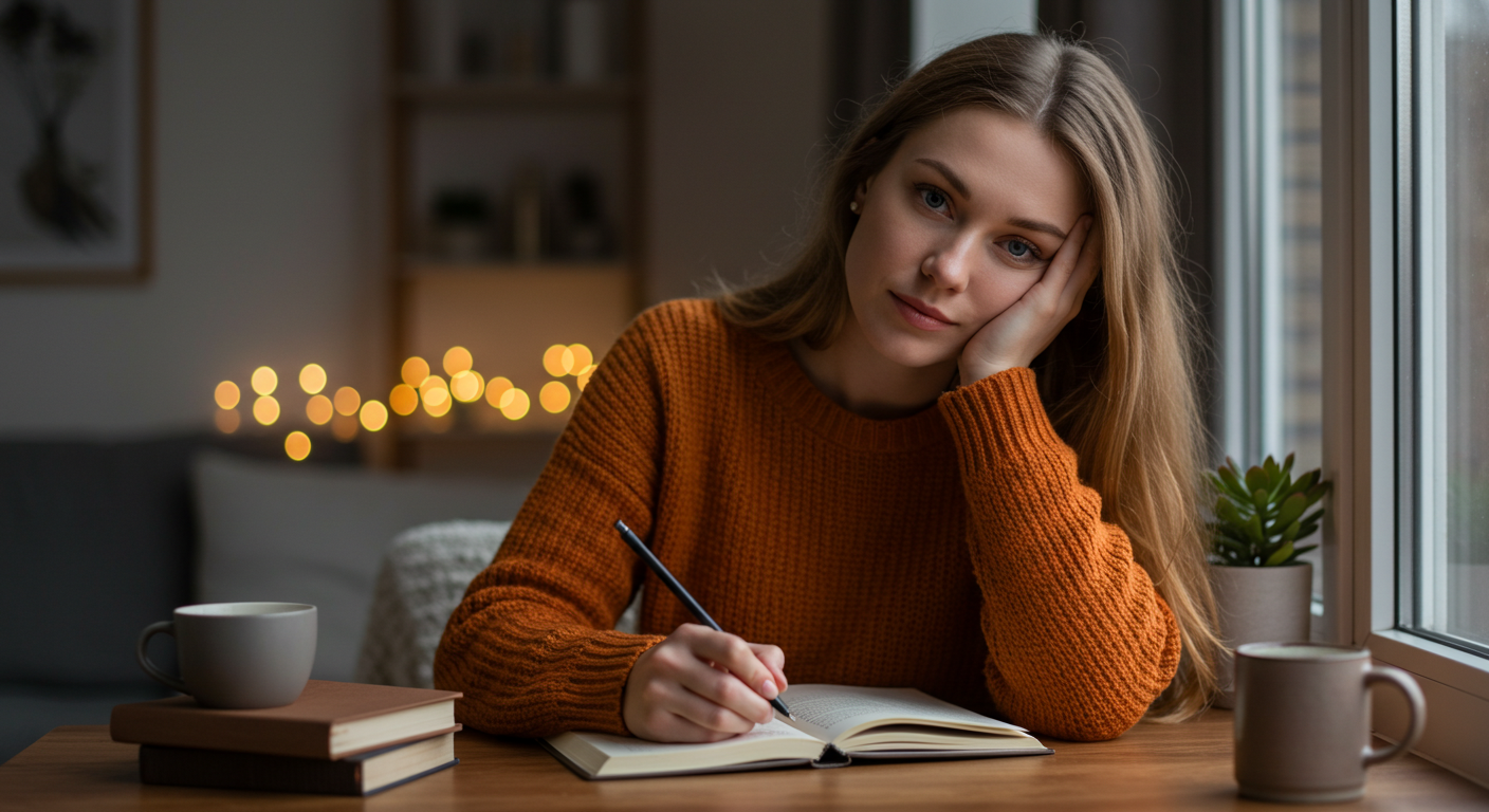 Молодая мама пишет в журнале у окна с спящим ребенком рядом