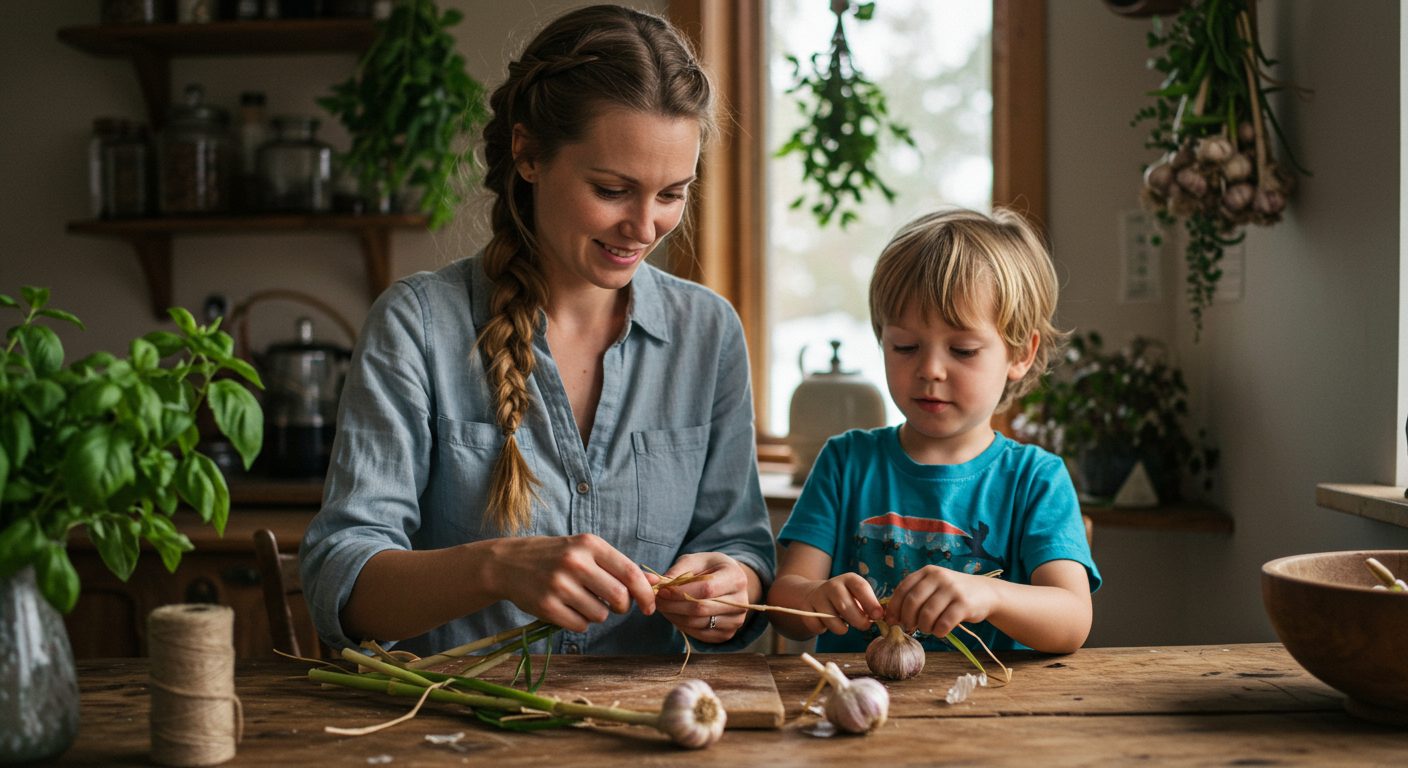Молодая мама плетет чесночный венок с сыном на кухне в деревенском стиле