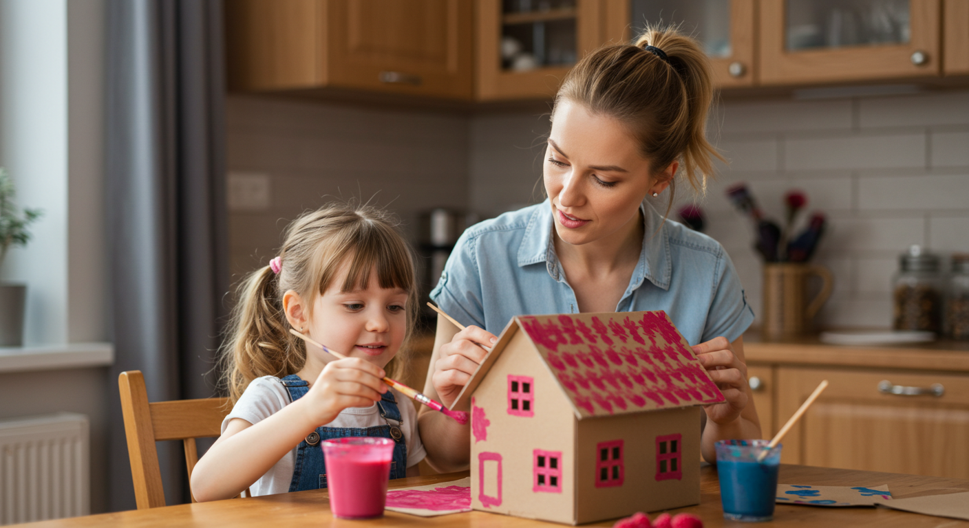 Молодая мама помогает дочери рисовать малиновые акценты на домике