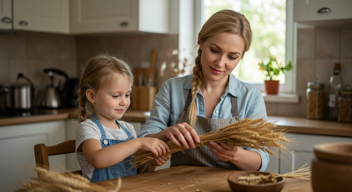 Молодая мама помогает дочери собирать колоски пшеницы на кухне