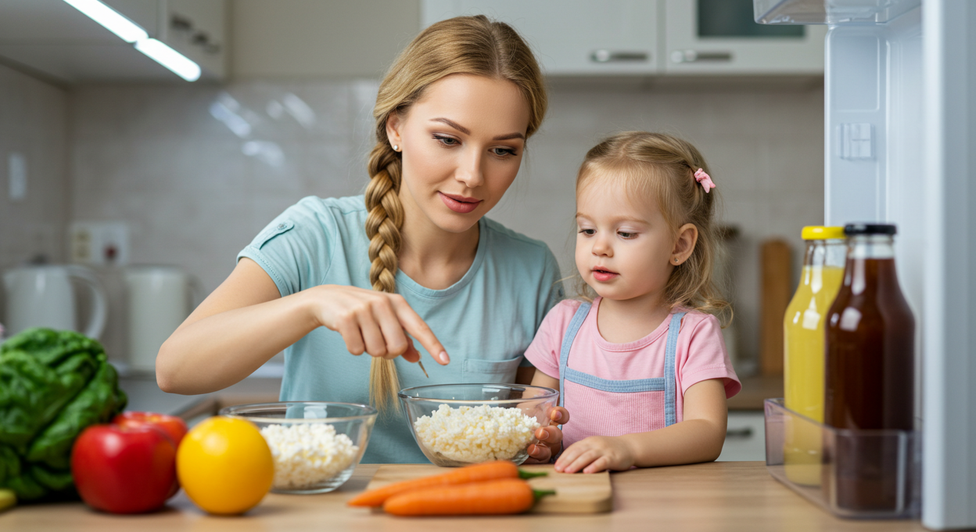 Молодая мама помогает дочери выбрать творог и фрукты из холодильника