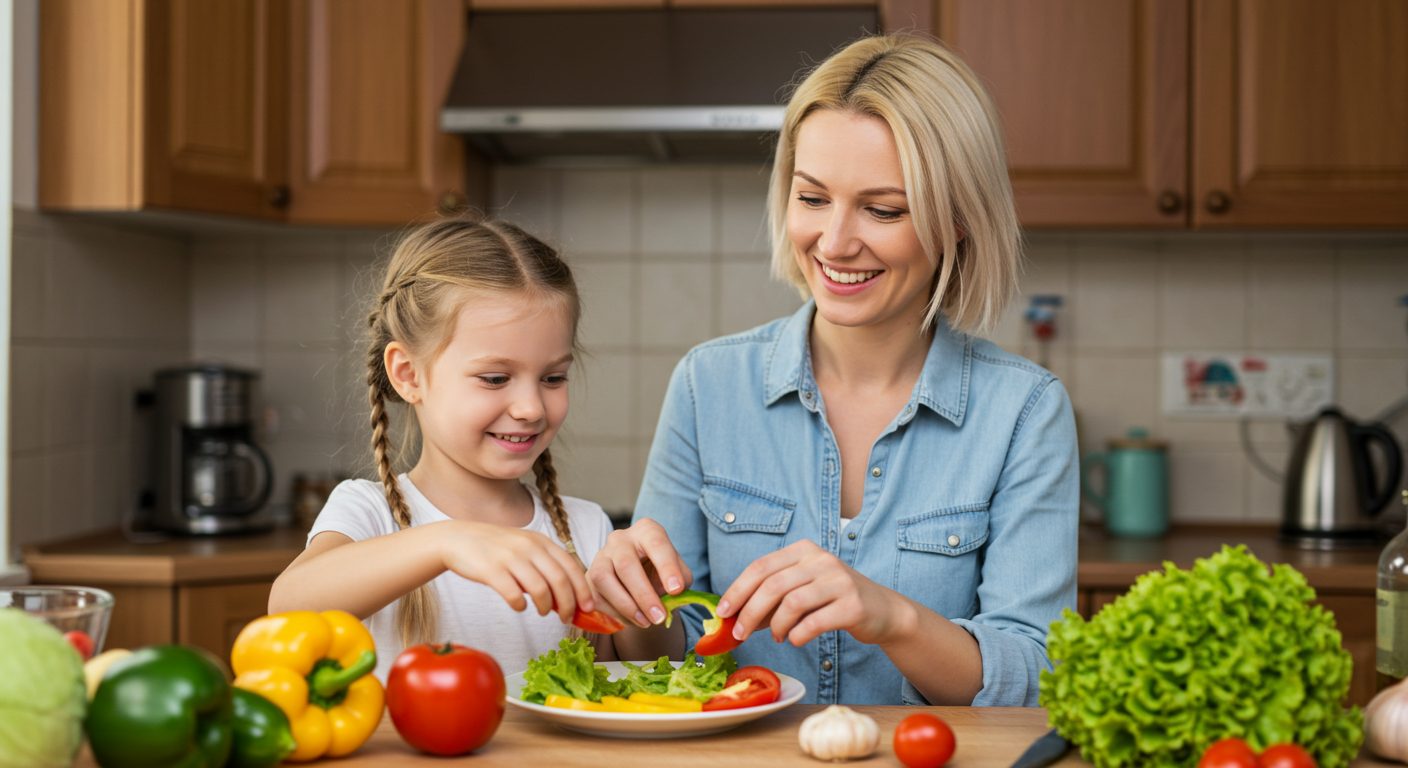 Молодая мама помогает дочке приготовить салат мозаика с овощами в уютной кухне