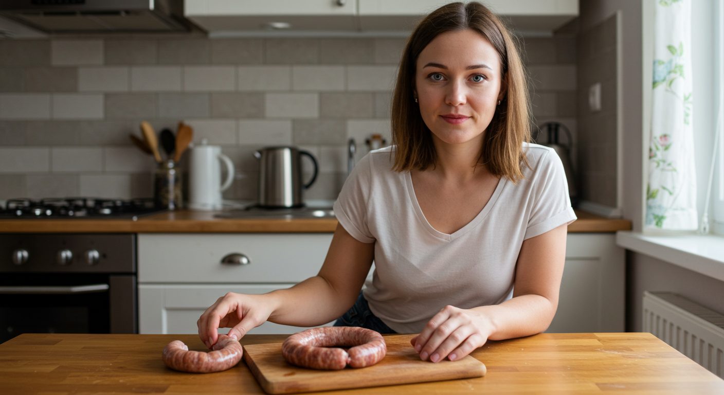 Молодая мама помогает сыну лепить домашние куриные колбаски на кухне