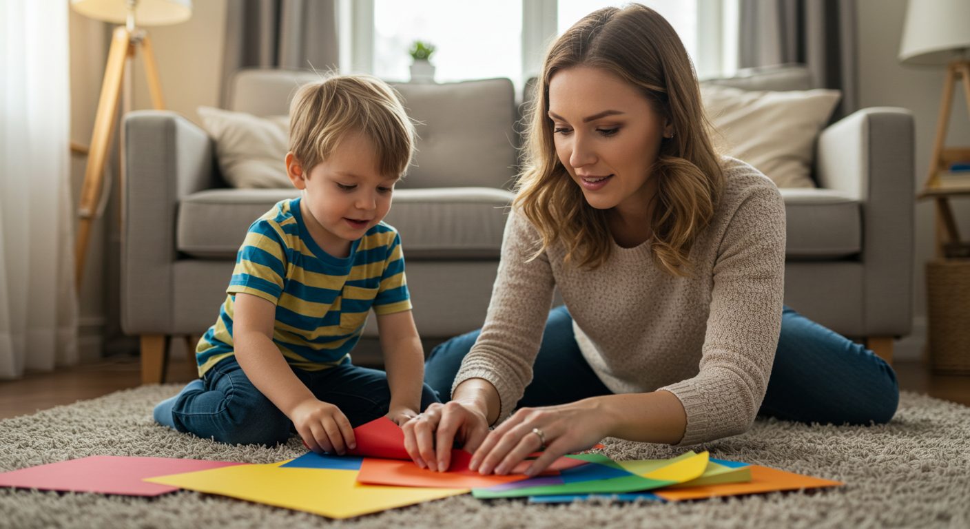 Молодая мама помогает сыну складывать бумагу на ковре в уютной комнате