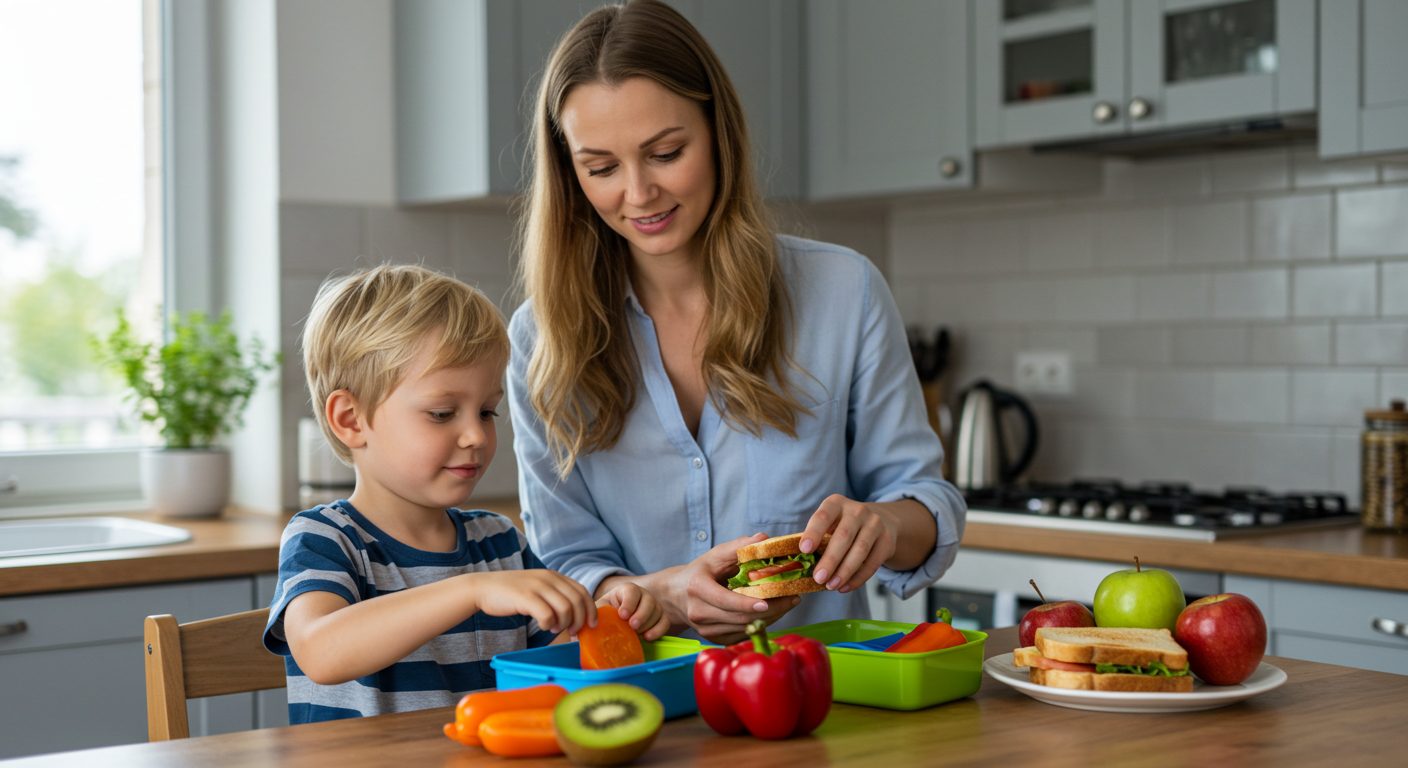 Молодая мама помогает сыну собрать детский ланч бокс с фруктами и сэндвичами
