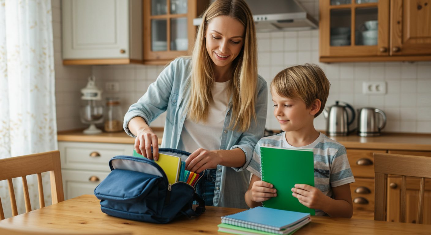 Молодая мама помогает сыну собрать рюкзак в уютной кухне утром