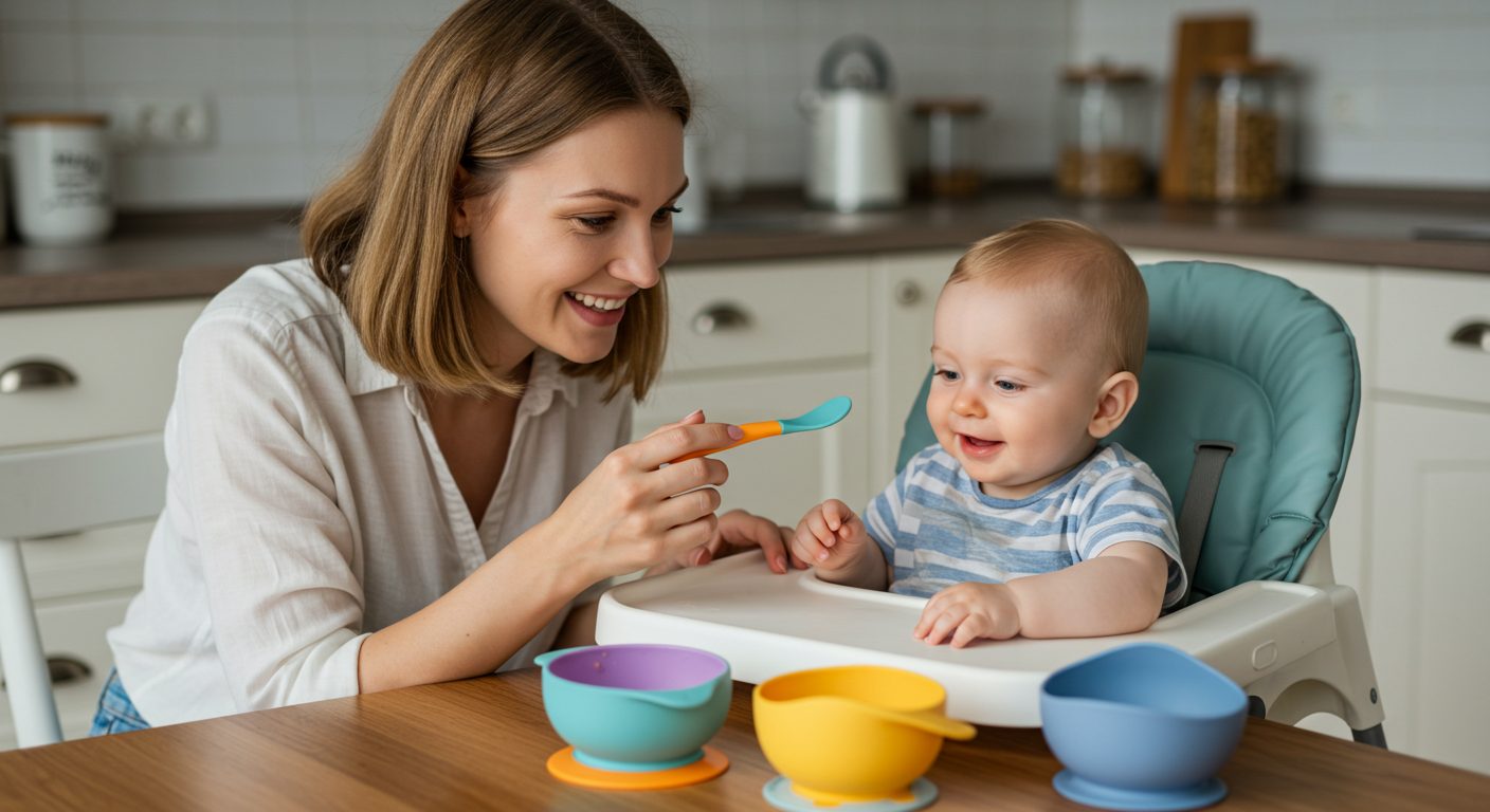 Молодая мама предлагает сыну ложку из силикона в уютной кухне