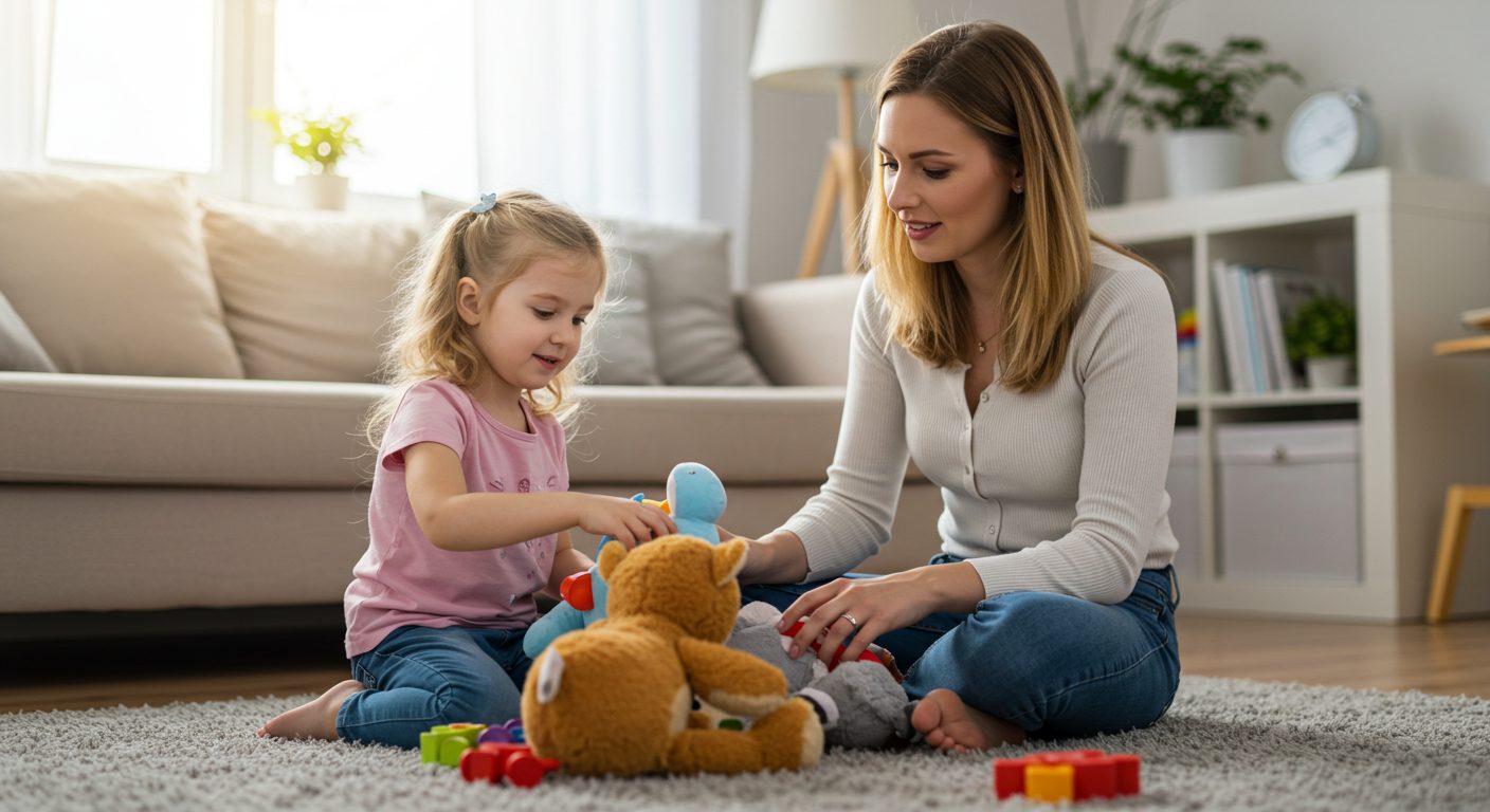 Молодая мама с дочерью играют с мягкими игрушками в светлой комнате