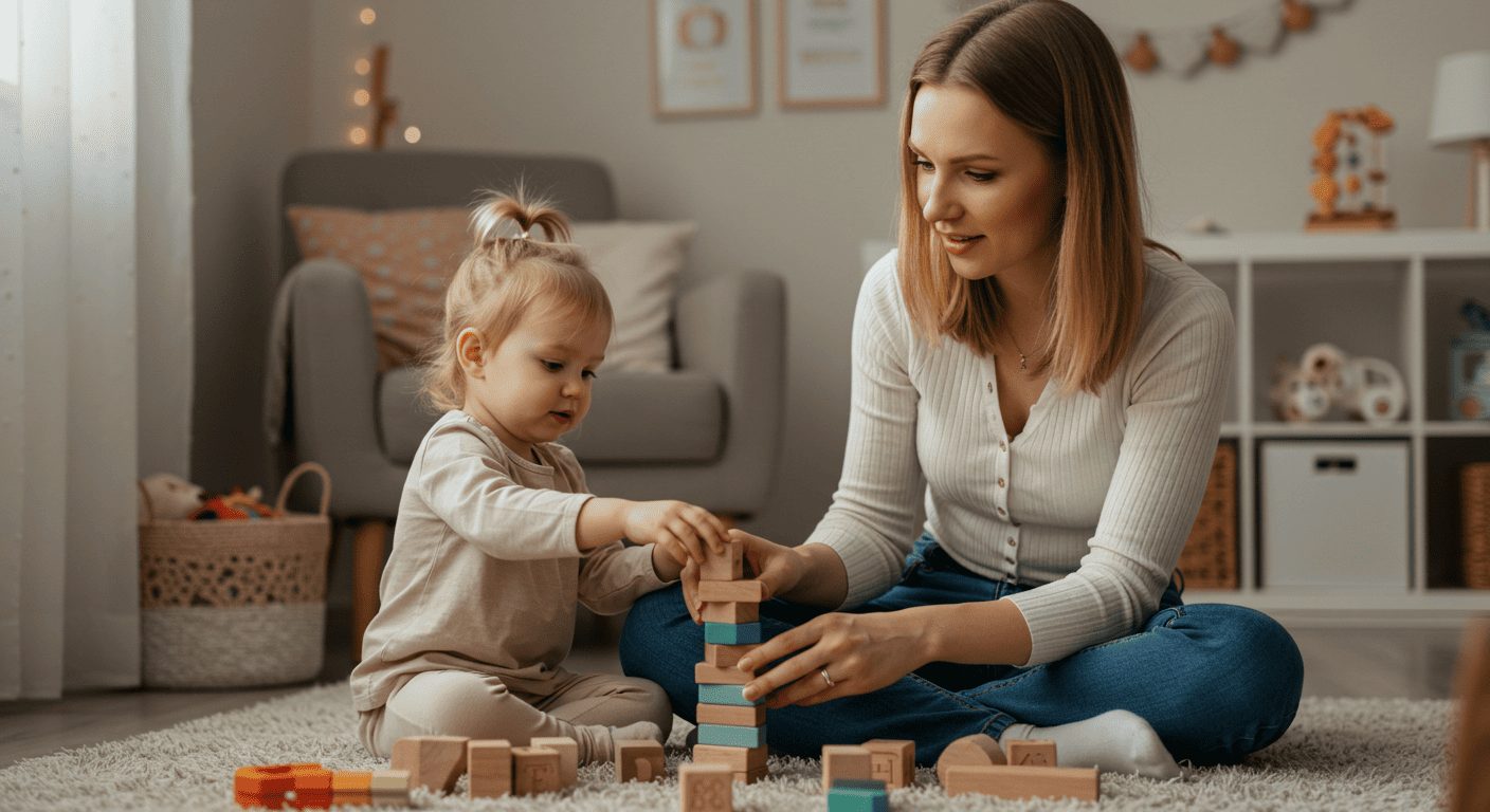 Молодая мама с дочерью строят башню из деревянных блоков в уютной комнате