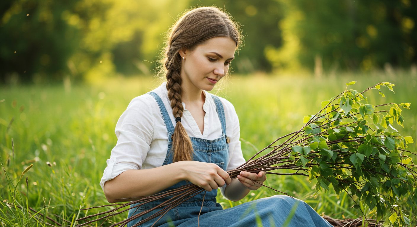 Молодая мама с дочкой плетут венок из березовых веток на лужайке-1