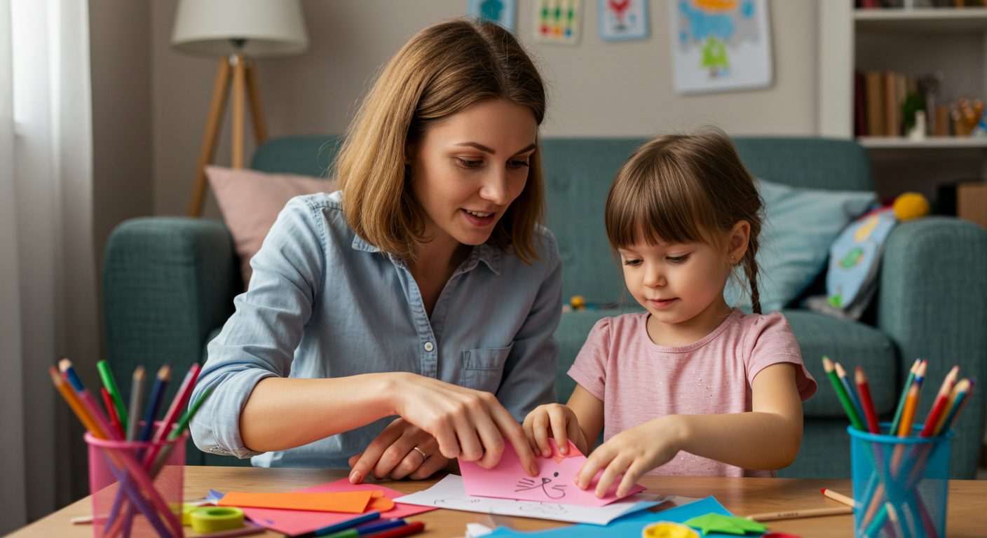 Молодая мама с дочкой складывают бумажного кота на низком столе