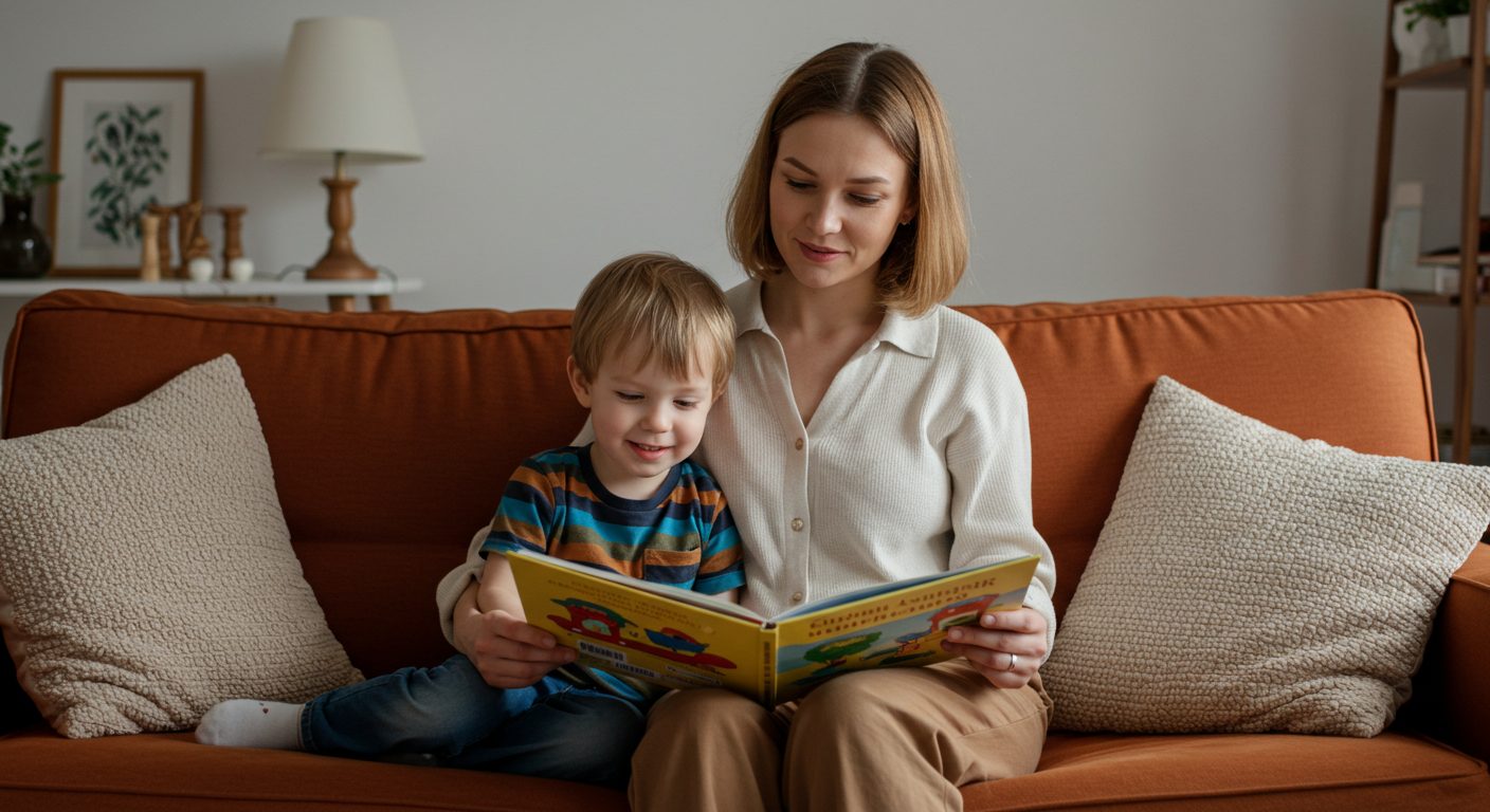 Молодая мама с сыном читает книгу на диване кирпичного цвета в светлой гостиной