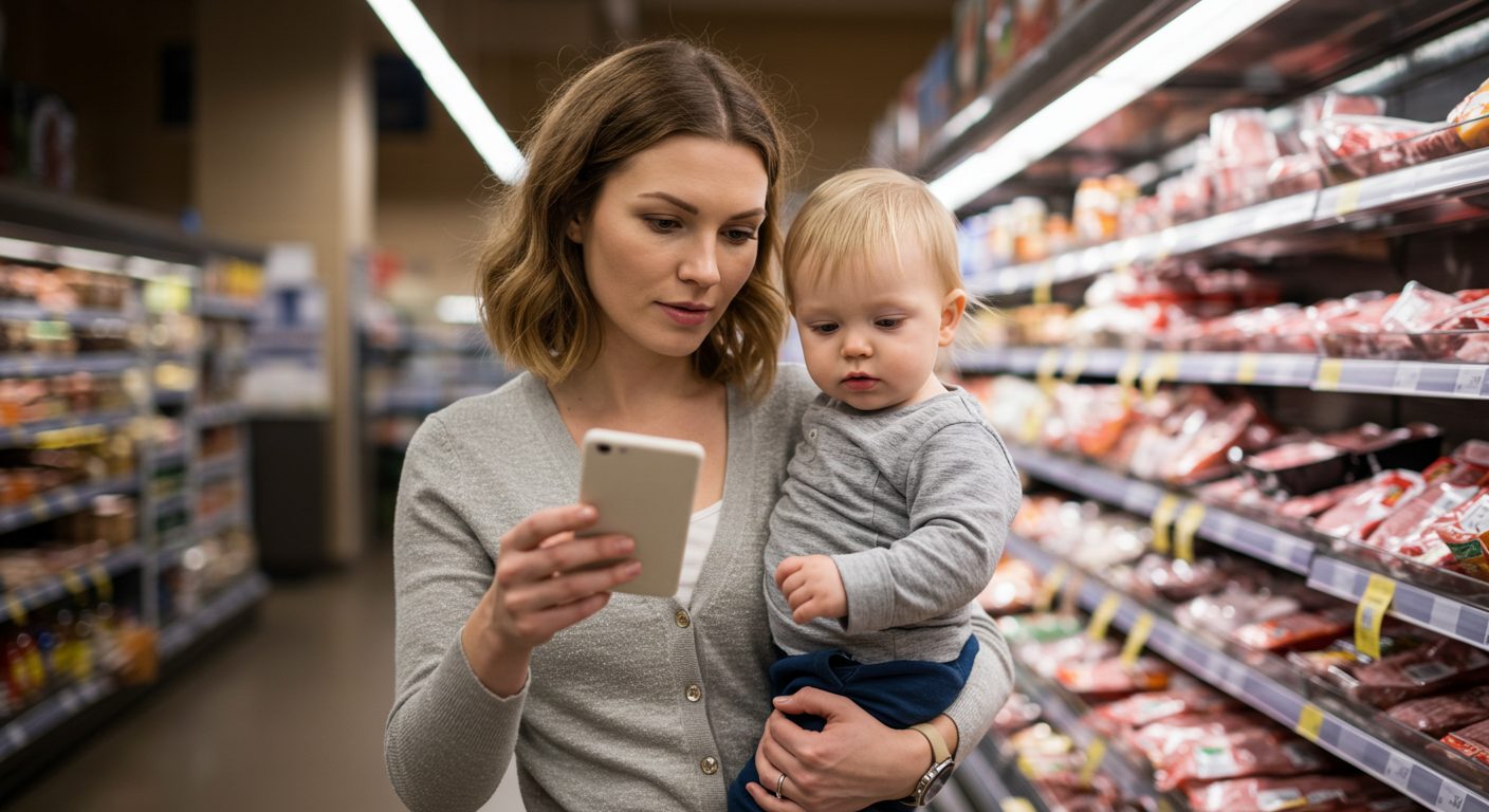 Молодая мама с сыном читает упаковки продуктов в магазине