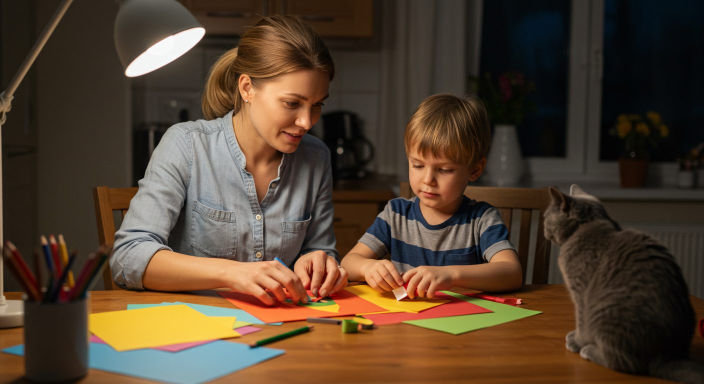 Молодая мама с сыном делает игрушку для кота из бумаги на кухне