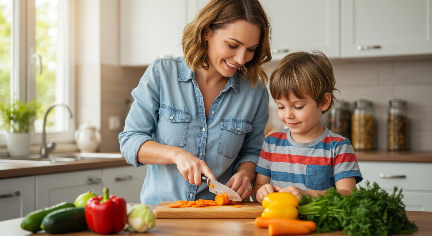 Молодая мама с сыном нарезает морковь для простого детского салата на кухне