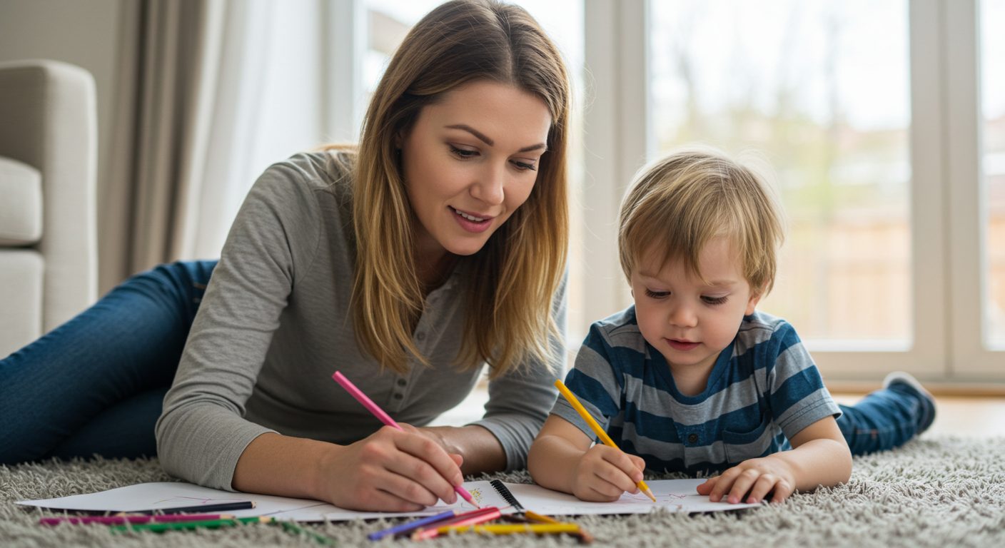 Молодая мама с сыном рисуют на ковре в солнечном свете