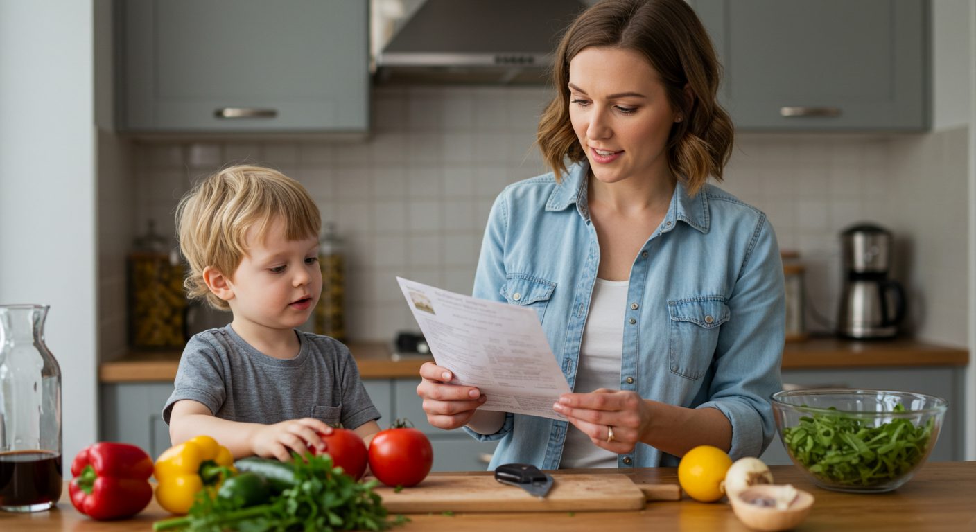 Молодая мама с сыном сортирует овощи по рецепту для детского салата
