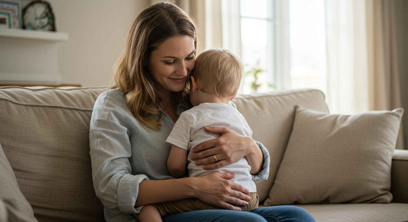 Молодая мама сидит на диване и держит на коленях двухлетнего сына