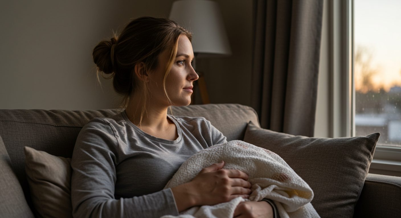 Молодая мама сидит на диване и смотрит в окно, держа плед для ребенка