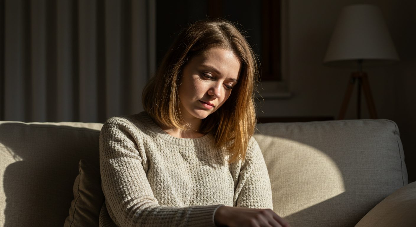 Молодая мама сидит на диване с задумчивым выражением лица