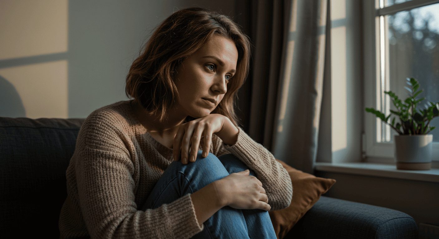 Молодая мама сидит на диване у окна, размышляя о тревожности после секса