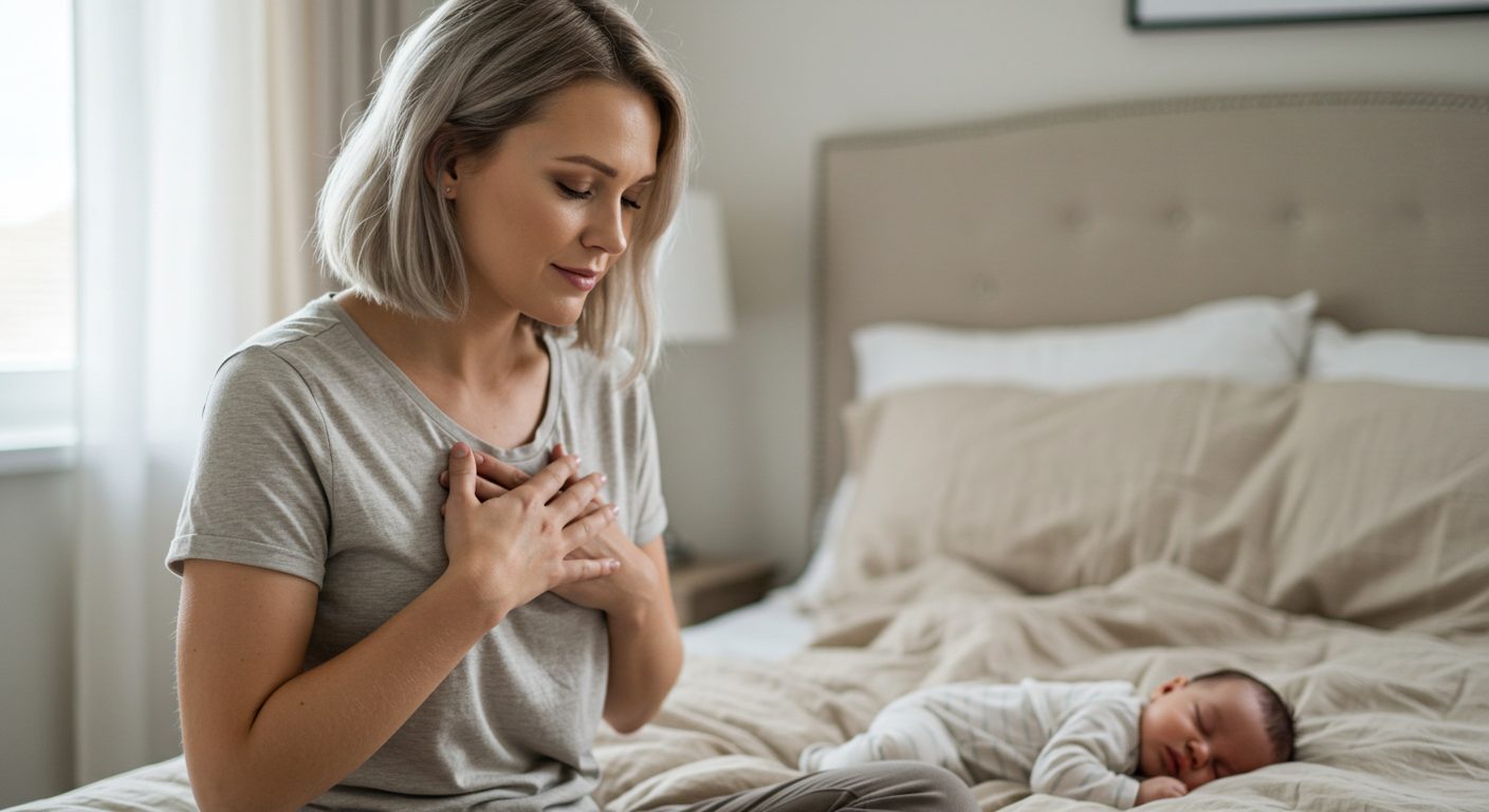 Молодая мама сидит на краю кровати с закрытыми глазами рядом со спящим малышом