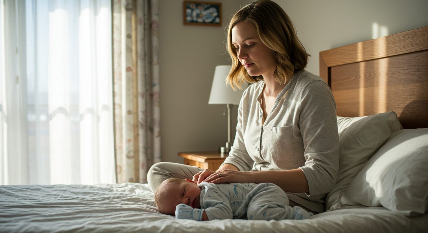 Молодая мама сидит на кровати рядом с новорожденным, испытывая тревожные мысли