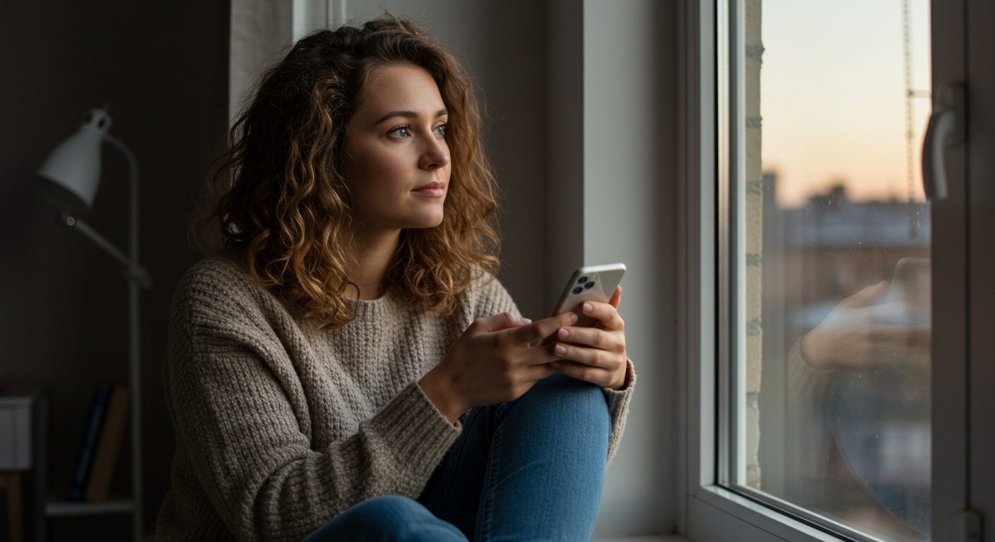 Молодая мама сидит на подоконнике и смотрит в окно, держа телефон