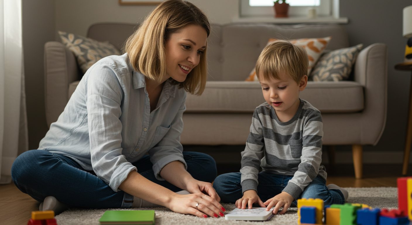 Молодая мама сидит на полу с сыном, держит его за руку в уютной обстановке
