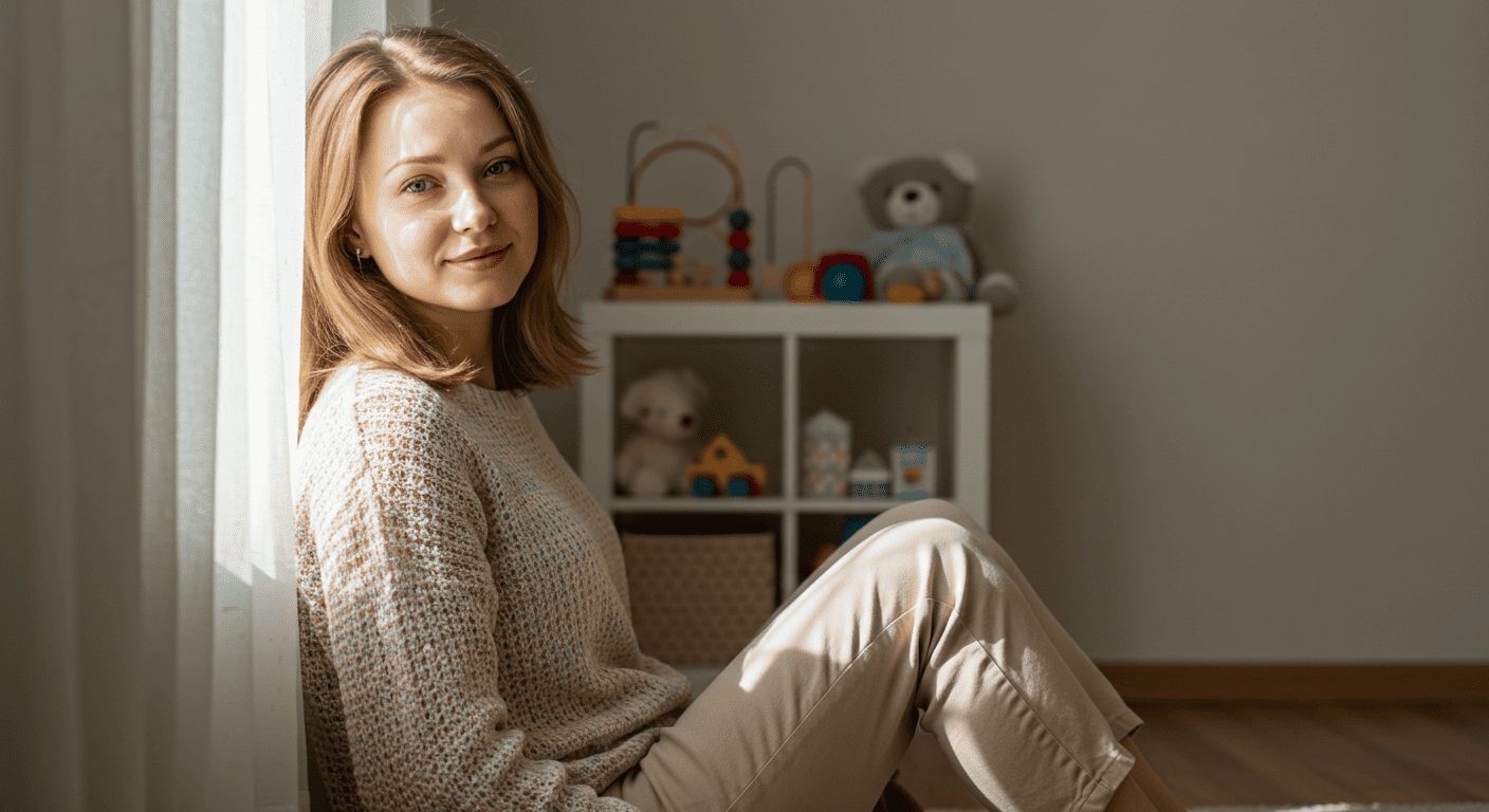 Молодая мама сидит на полу в детской, испытывая состояние после месячных