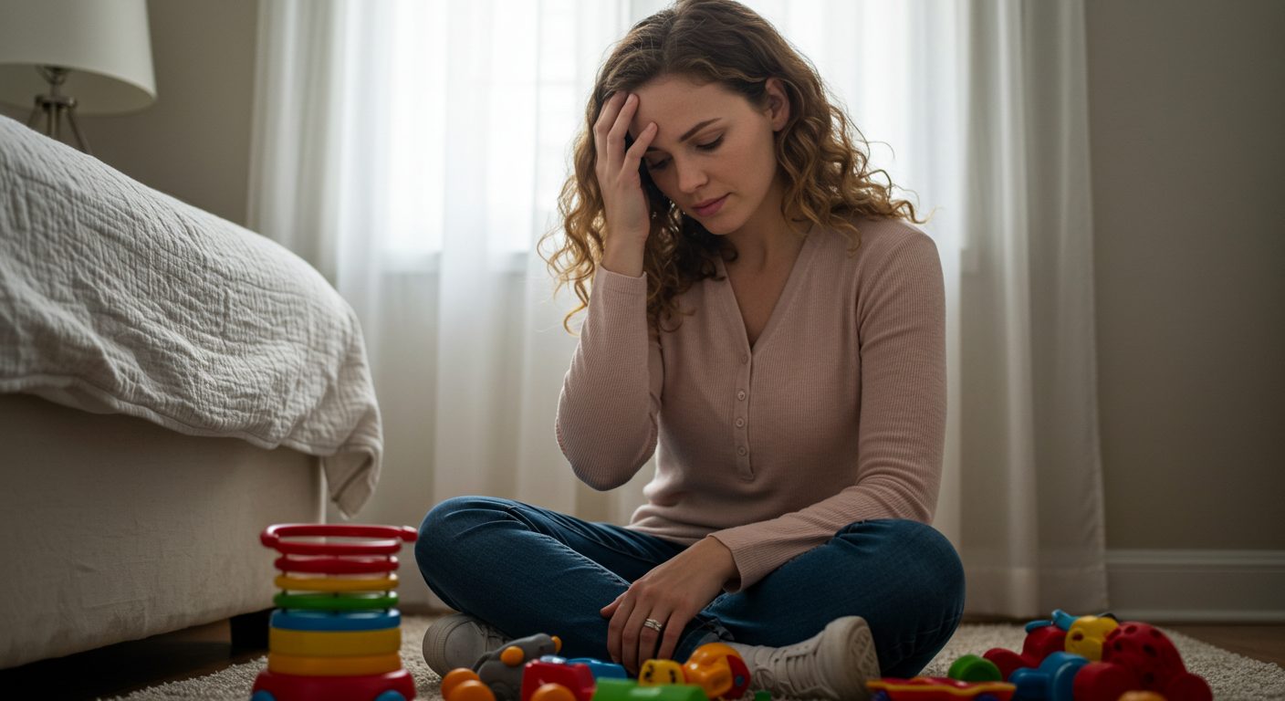 Молодая мама сидит на полу в комнате среди игрушек, выглядит задумчиво