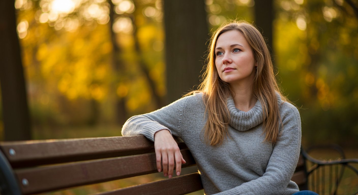 Молодая мама сидит на скамейке в парке, погруженная в мысли