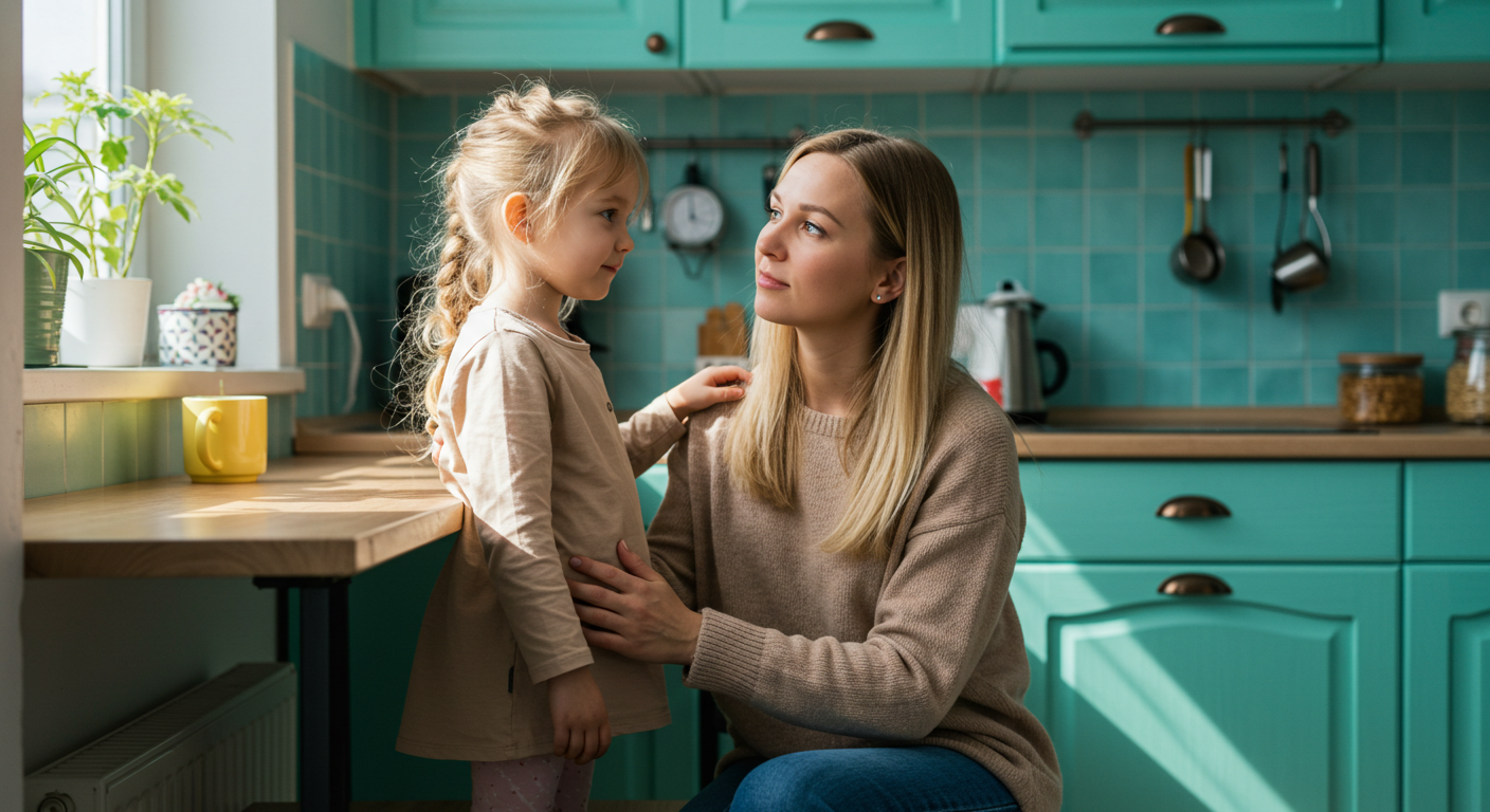 Молодая мама сидит с дочкой в уютной бирюзовой кухне