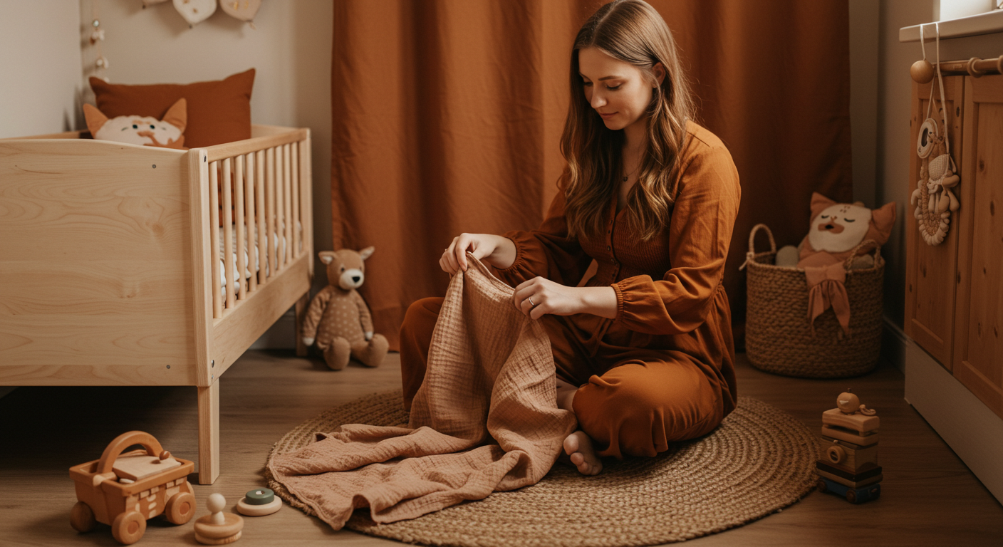 Молодая мама складывает плед в детской с терракотовыми и кремовыми оттенками