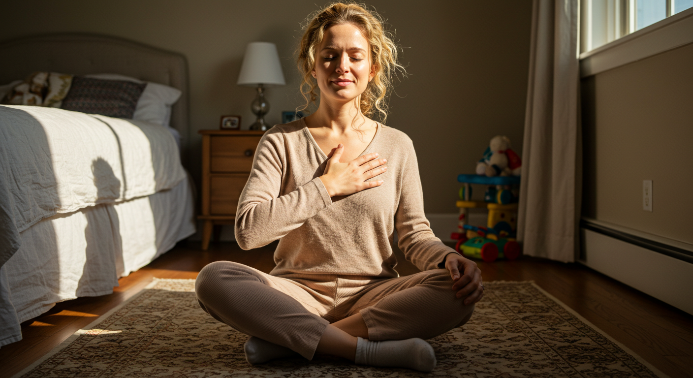 Молодая мама выполняет дыхательную практику на ковре в освещенной спальне